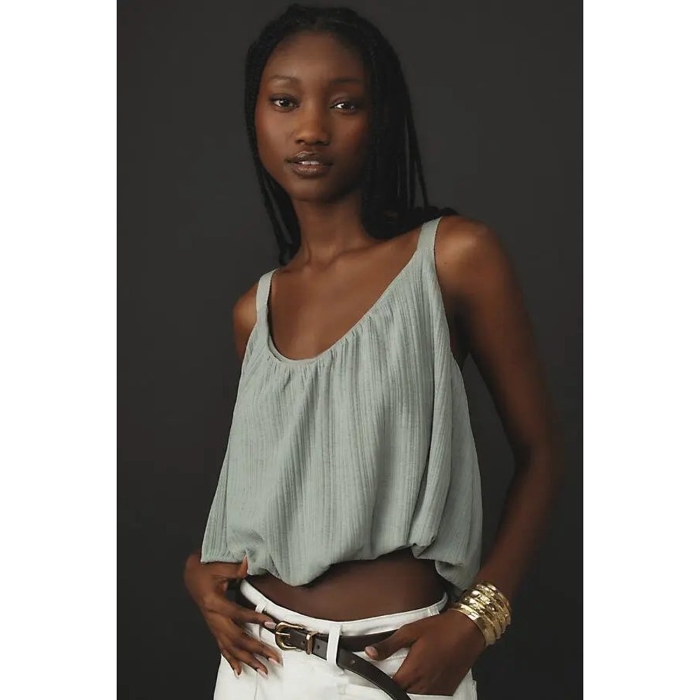 NWT Anthropologie Sheer Ribbed Buckle Strap Bubble Hem Tank Moss Sage Green L